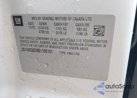 2013 Chevrolet Impala Ltz from USA, damaged, VIN 2G1WC5E30D1186191